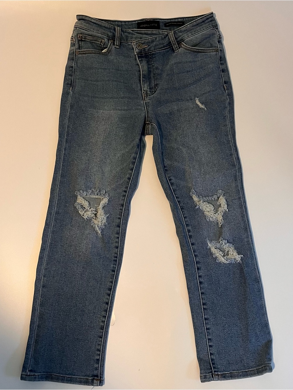 Kendall + Kylie The Icon High Rise Straight Jeans 7/28 Denim Blue Distressed